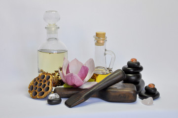 spa still life with essential oils and flowers