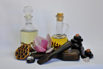spa still life with essential oils and flowers