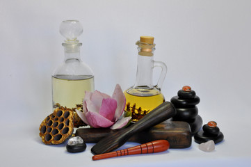spa still life with essential oils and flowers