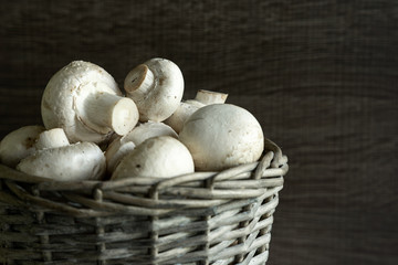 Mushrooms in a basket in the kitchen.