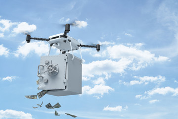 3d rendering of white drone carrying open bank safe with dollars falling out on blue sky background