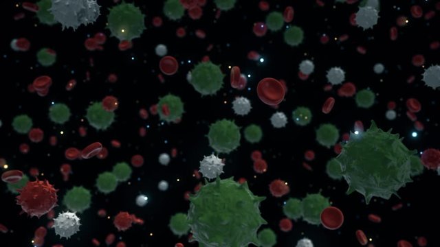 3D virus cells in human organism. Animation. Abstract bacteria and red blood cells moving on black background, pathogen respiratory influenza, seamless loop.