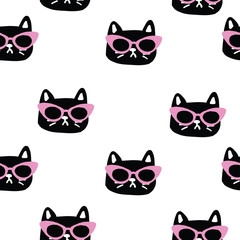 Seamless cat head pattern with cute Kittens in 50s cat eye sunglasses. Creative childish white texture. Great for fabric, textile Vector Illustration