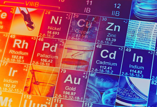 Periodic table of elements and laboratory tools. Science