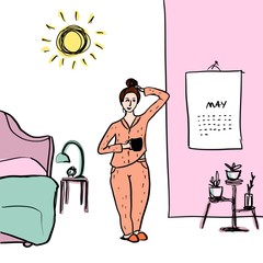 Spring awakening. Digital sketch of a girl with a cup at home. Morning in bedroom. Cozy, comfortable staying home, home interior. Planning future, calendar. Simple colorful illustration, black line