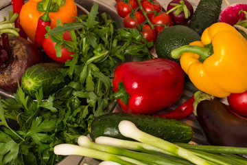 Set of multi-colored vegetables, arugula and green onions. Vegan food concept.