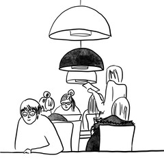 Girls sitting in cafe, reading, drawing, smiling, chatting, eating. Simple black line hand drawn sketch on white background. Elegant illustration for design.