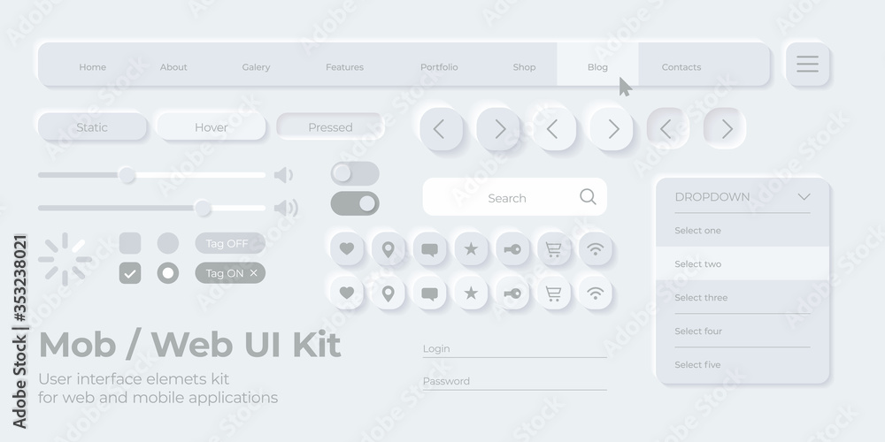 Poster vector ui ux kit for mobile applications, web and social media. universal user interface template wi