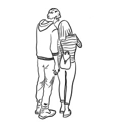 Line drawing of young couple on white background. Simply sketched boy and girl from the back, teenagers Taking selfie, reading, watching or discussing something in front of them.