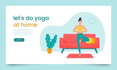 Landing page template. Concept of a web page for yoga classes. A woman stands in pranamasana in a living room, home environment. Color vector illustration in a flat style.