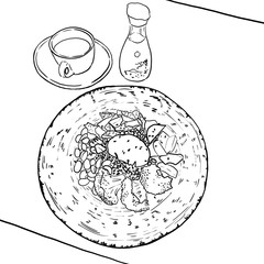 Breakfast. Buckwheat, broccoli and bean bowl, soy sauce in bottle on table. Cup of tea. Black line sketch on white background. Simple and elegant drawing for menu or illustration. Monochromatic design