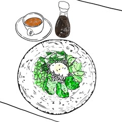 Breakfast. Buckwheat, broccoli and bean bowl, soy sauce in bottle. Cup of tea. Black line sketch on white background. Simple and elegant drawing for menu or illustration. Colored design: green, yellow