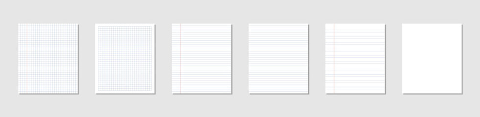 Creative vector illustration of realistic square with shadow, lined paper blank sheets set isolated on background. Art design lines, grid page notebook with margin. Abstract concept graphic element