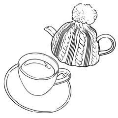 Teacup and teapot: Isolated hand drawn sketch of tea group on white background. Nice and elegant monochromatic illustration. Cute graphic black line drawing for menu. Knitted hat with pompom on teapot