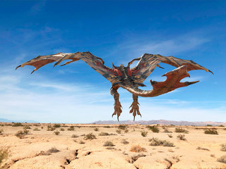 monster dragon on desert is taking off rear view