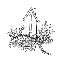 Cute house with branches in spring mood. Nice decorative isolated in black line hand drawn graphic design. Optimistic drawing about home, happiness, family. Sketch of house in botanical frame. Nest