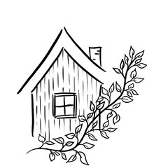 Cute house with branches in spring mood. Nice decorative isolated in black line hand drawn graphic design. Optimistic drawing about home, happiness, family. Sketch of house in botanical frame.