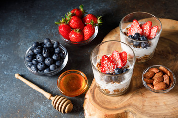 Granola parfait with oat cereal, fresh berries and greek yogurt