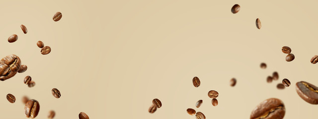 Food Mockup with flying coffee beans. Long banner.