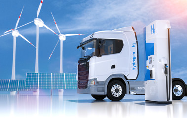 hydrogen logo on gas stations fuel dispenser. h2 combustion Truck engine for emission free...