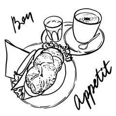 Tasty breakfast with sandwich on plate, cup of coffee and glass of water. Black and white hand drawn sketch of lunch. Bruschetta with salami, cheese, salad, poppy seeds. Elegant design with lettering 
