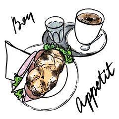 Tasty breakfast with sandwich on plate, cup of coffee and glass of water. Elegant hand drawn sketch of lunch with lettering. Bruschetta with salami, cheese, salad, poppy seeds. Good morning, afternoon