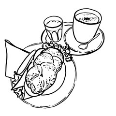 Tasty breakfast with sandwich on plate, cup of coffee and glass of water. Black and white hand drawn sketch of lunch. Bruschetta with salami, cheese, salad, poppy seeds. Simple and elegant design 