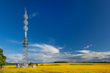 Wieża radiowa na polu żółtego rzepaku i tle niebieskiego nieba.