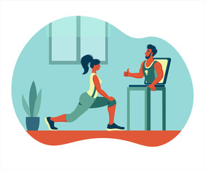 the girl do sport with a trainer through a laptop. Training online from home. concept for remote workout  in quarantine from home. vector trend illustration