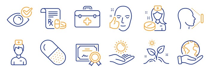 Set of Healthcare icons, such as Nurse, Capsule pill. Certificate, save planet. Face id, Medical prescription, First aid. Healthy face, Doctor, Check eye. Sun protection, Grow plant line icons. Vector