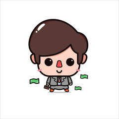 Cute chibi businessman with bag cartoon character illustration mascot icon design