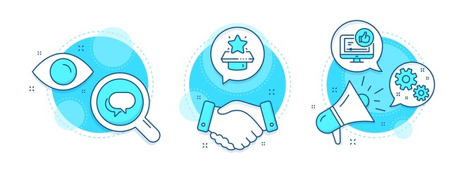 Like video, Talk bubble and Winner podium line icons set. Handshake deal, research and promotion complex icons. Work sign. Thumbs up, Chat message, First place. Settings. Technology set. Vector