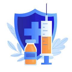 a syringe and a bottle of vaccine on the background of the shield. the concept of virus protection using vaccination. Building immunity. preventive. Vector trend illustration