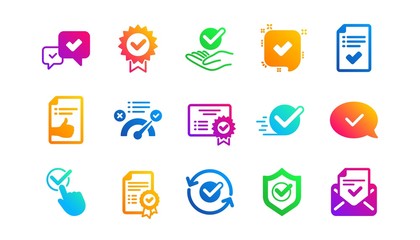 Checklist, Certificate and Award medal. Approve icons. Thumbs up certified document classic icon set. Gradient patterns. Quality signs set. Vector