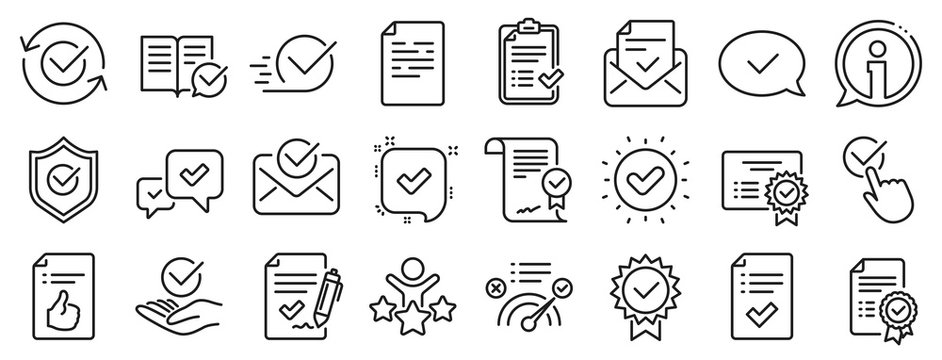 Set Of Checklist, Certificate And Award Medal Icons. Approve Line Icons. Certified Document, Accepted Approve And Confirm Mail. Guarantee, Check Mark And Correct Agreement. Checklist Document. Vector