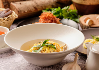 set of various plates of food top view, lunch. Spaghetti pasta carbonara, salad, meatballs, mashed potatoes, traditional creamy gravy, bread, tea. Healthy and mouth-watering three variation lunch.