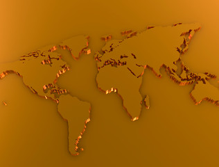 gold world map on golden background. 3d illustration