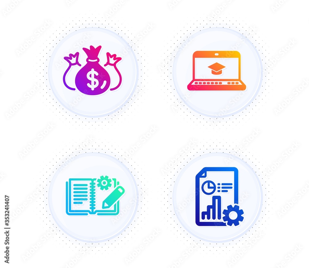 Poster check investment, engineering documentation and website education icons simple set. button with half