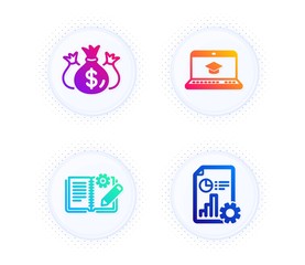 Check investment, Engineering documentation and Website education icons simple set. Button with halftone dots. Report sign. Business report, Manual, Video learning. Presentation document. Vector