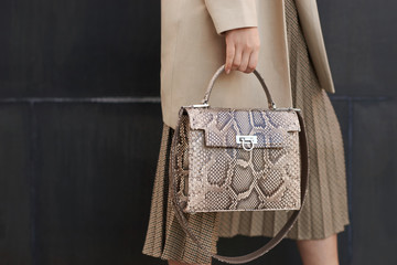 Woman holding reptile leather handbag close-up. Fashion details. Beige colors. Outdoors. Black stone wall background