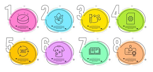 360 degree, Organic product and Education signs. Timeline steps infographic. Clean t-shirt, Certificate and Blood donation line icons set. File management, Medical tablet symbols. Vector