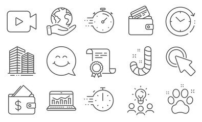 Set of Business icons, such as Click here, Smile face. Diploma, ideas, save planet. Pet friendly, Time change, Video camera. Cooking timer, Skyscraper buildings, Debit card. Vector