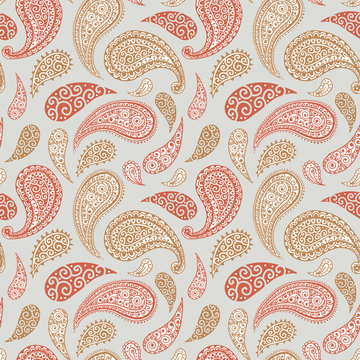 Paisley pattern background, seamless floral ornament, vector simple vintage style design. Abstract vintage Paisley pattern decoration, red, pink, pastel light blue and white pale color background