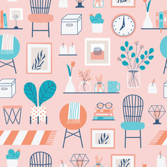 Seamless hand drawn pattern background with cozy home interior objects.
