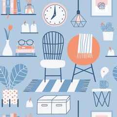 Seamless hand drawn pattern background with cozy home interior objects.