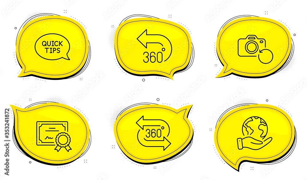Poster 360 degrees sign. diploma certificate, save planet chat bubbles. quickstart guide, recovery photo an