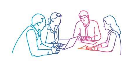Business people discussing work at office. Rainbow colors in linear vector illustration.