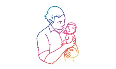 Young man holding baby in his arms. Tenderness. Rainbow colors in linear vector illustration.