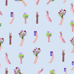 Seamless pattern. Female hands, in various poses and various objects with hands.Cartoon style and flat design.