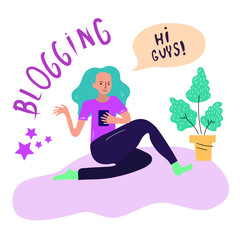Cute blogger girl. Colored vector illustration. Transparent background